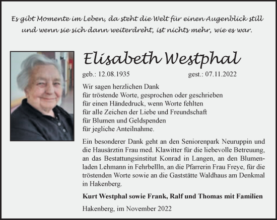 Traueranzeige von Elisabeth Westphal von Märkische Oderzeitung