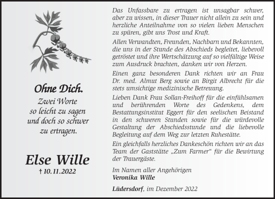 Traueranzeige von Else Wille von Märkische Oderzeitung