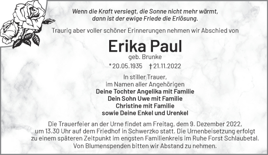 Traueranzeige von Erika Paul von Märkische Oderzeitung