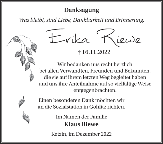 Traueranzeige von Erika Riewe von Märkische Oderzeitung