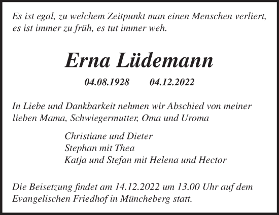 Traueranzeige von Erna Lüdemann von Märkische Oderzeitung