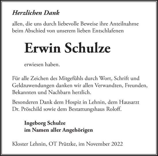 Traueranzeige von Erwin Schulze von Märkische Oderzeitung