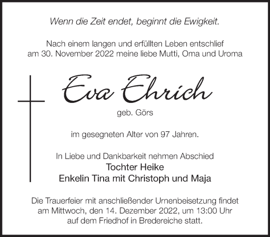Traueranzeige von Eva Ehrich von Märkische Oderzeitung