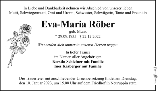Traueranzeige von Eva-Maria Röber von Märkische Oderzeitung