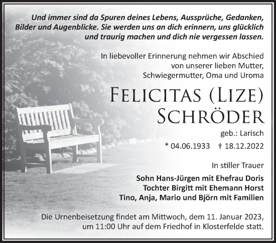 Traueranzeige von Felicitas Schröder von Märkische Oderzeitung