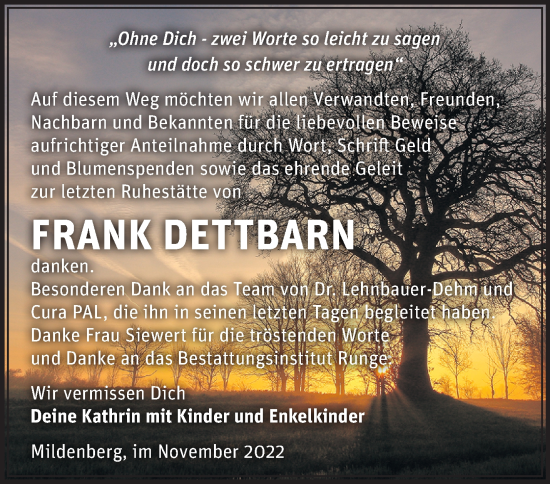 Traueranzeige von Frank Dettbarn von Märkische Oderzeitung