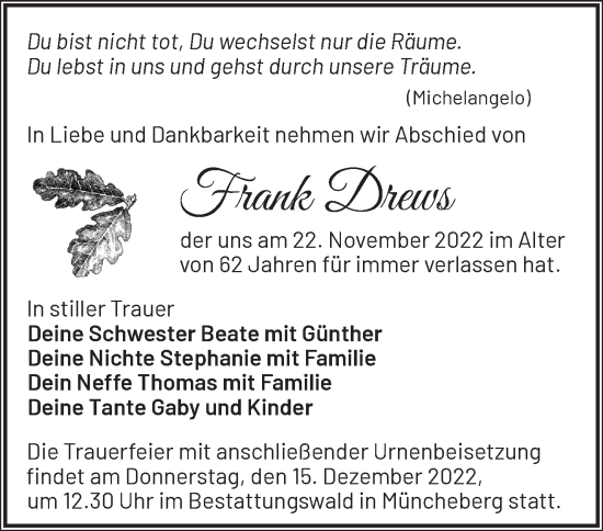 Traueranzeige von Frank Drews von Märkische Oderzeitung