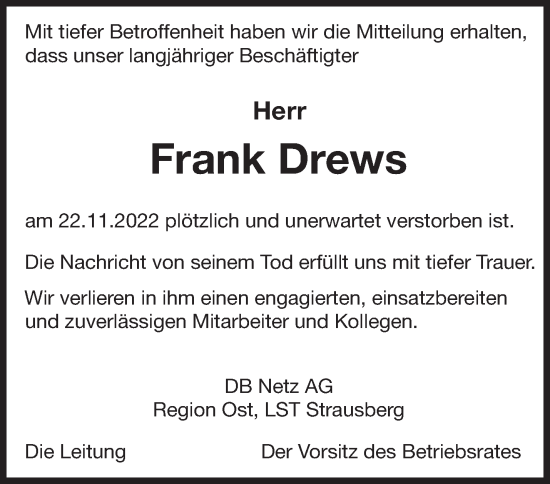 Traueranzeige von Frank Drews von Märkische Oderzeitung