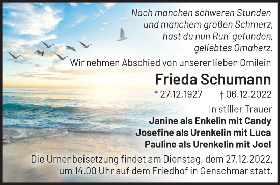 Traueranzeige von Frieda Schumann von Märkische Oderzeitung