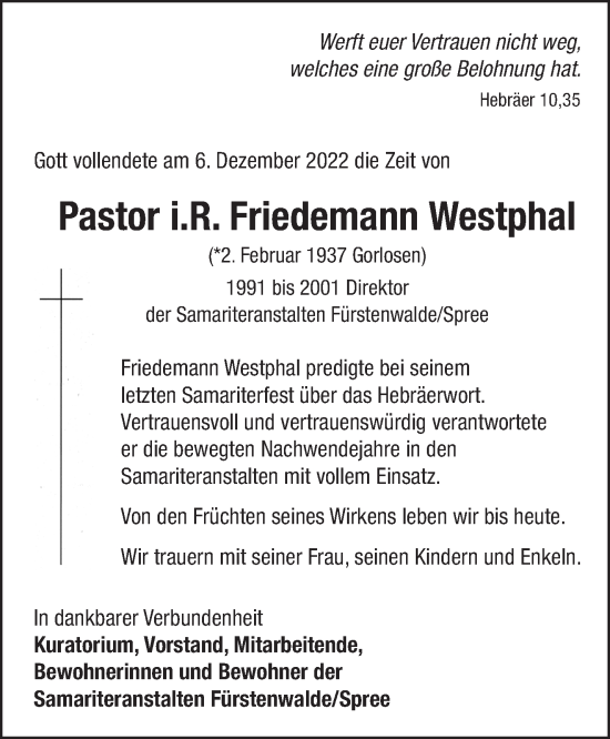 Traueranzeige von Friedemann Westphal von Märkische Oderzeitung