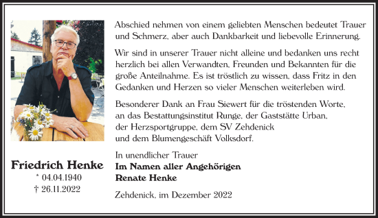 Traueranzeige von Friedrich Henke von Märkische Oderzeitung