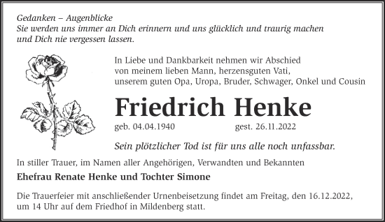 Traueranzeige von Friedrich Henke von Märkische Oderzeitung