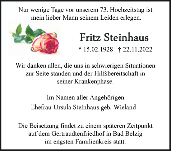 Traueranzeige von Fritz Steinhaus von Märkische Oderzeitung