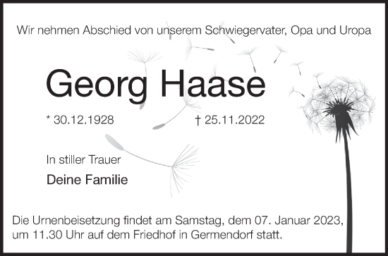 Traueranzeige von Georg Haase von Märkische Oderzeitung