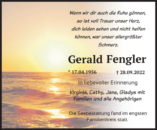 Traueranzeige von Gerald Fengler von Märkische Oderzeitung