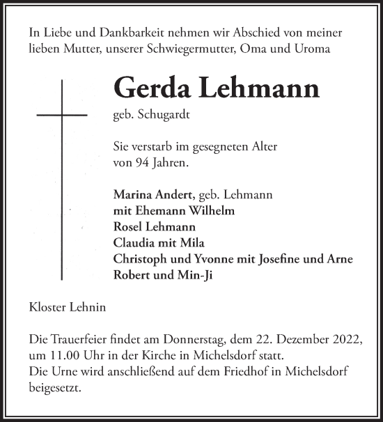 Traueranzeige von Gerda Lehmann von Märkische Oderzeitung