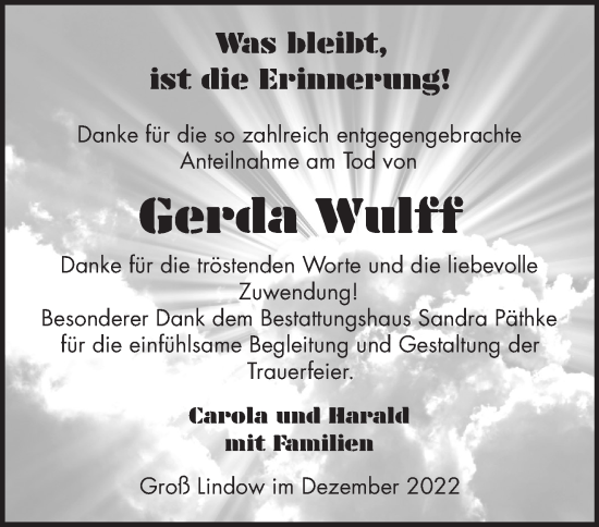 Traueranzeige von Gerda Wulff von Märkische Oderzeitung