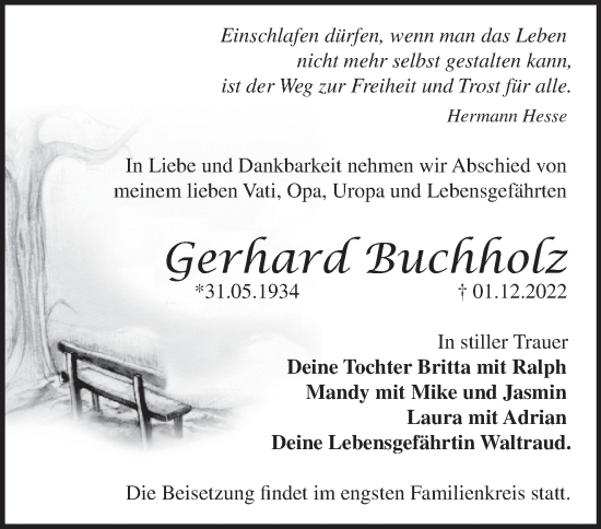 Traueranzeige von Gerhard Buchholz von Märkische Oderzeitung