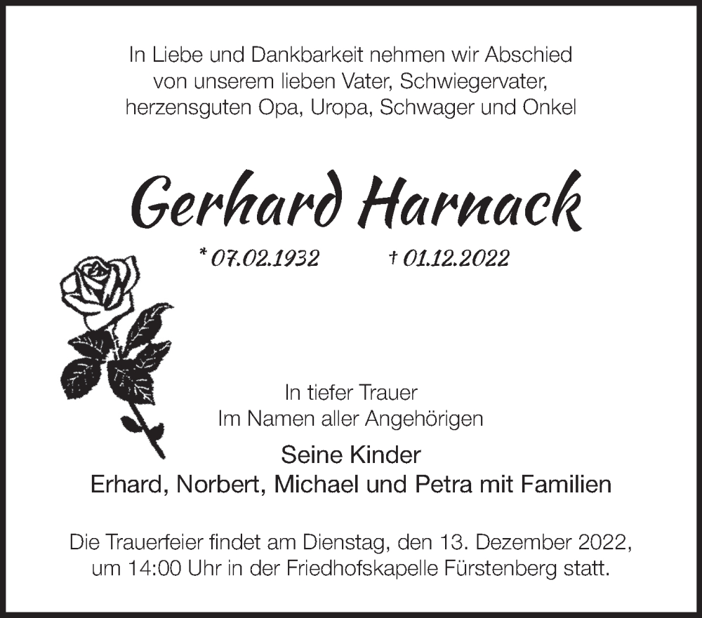 Traueranzeige für Gerhard Harnack vom 06.12.2022 aus Märkische Oderzeitung