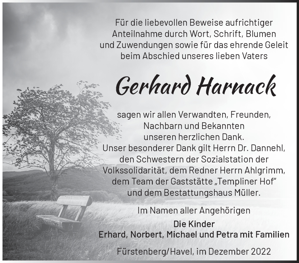  Traueranzeige für Gerhard Harnack vom 16.12.2022 aus Märkische Oderzeitung