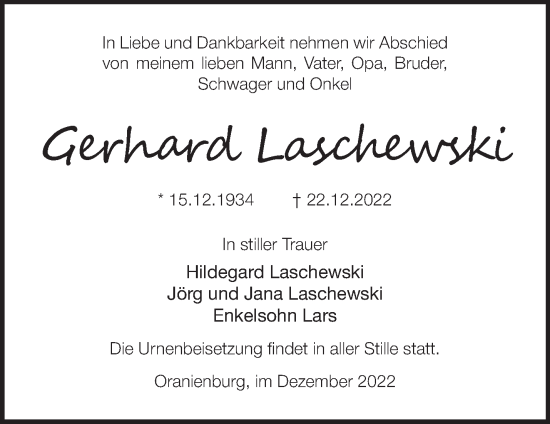 Traueranzeige von Gerhard Laschewski von Märkische Oderzeitung