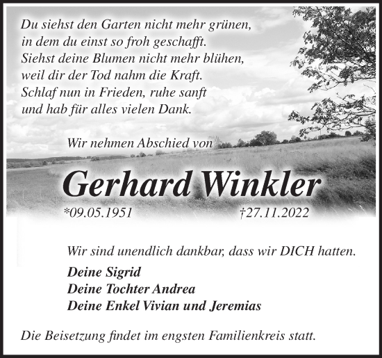 Traueranzeige von Gerhard Winkler von Märkische Oderzeitung