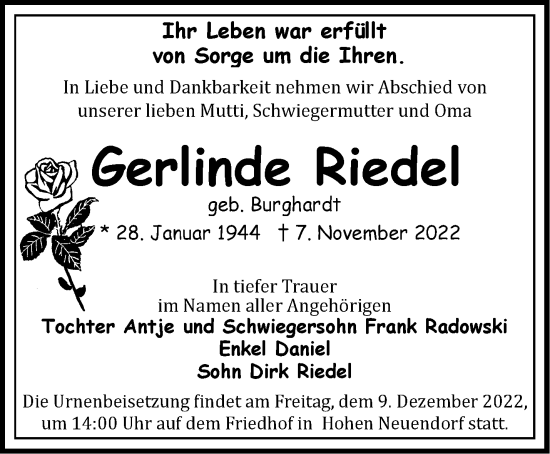 Traueranzeige von Gerlinde Riedel von Märkische Oderzeitung