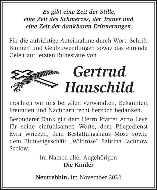 Traueranzeige von Gertrud Hauschild von Märkische Oderzeitung