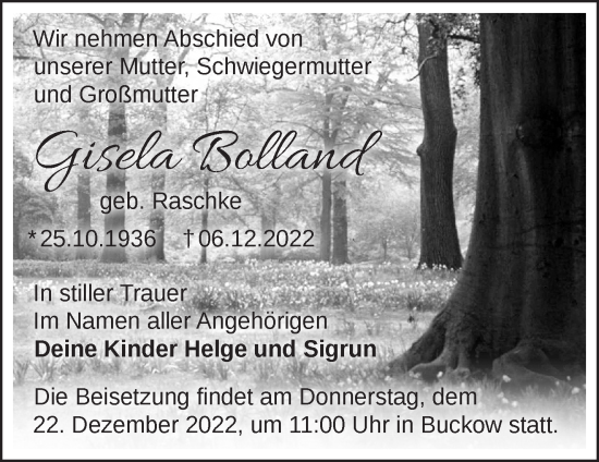 Traueranzeige von Gisela Bolland von Märkische Oderzeitung