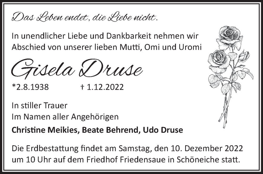  Traueranzeige für Gisela Druse vom 07.12.2022 aus Märkische Oderzeitung