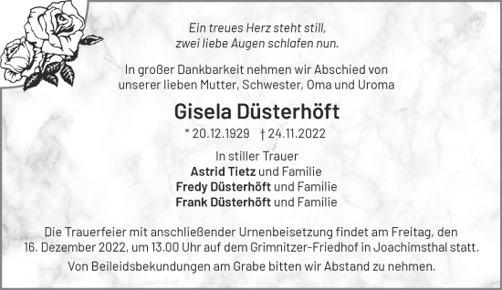 Traueranzeige von Gisela Düsterhöft von Märkische Oderzeitung