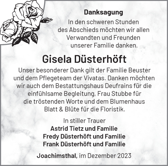 Traueranzeige von Gisela Düsterhöft von Märkische Oderzeitung