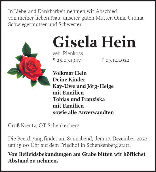 Traueranzeige von Gisela Hein von Märkische Oderzeitung