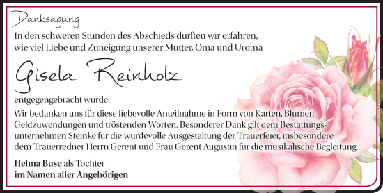 Traueranzeige von Gisela Reinholz von Märkische Oderzeitung