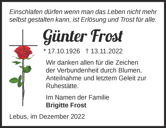 Traueranzeige von Günter Frost von Märkische Oderzeitung