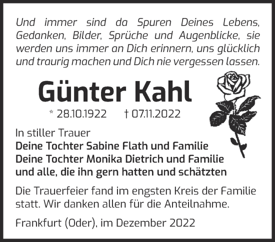 Traueranzeige von Günter Kahl von Märkische Oderzeitung