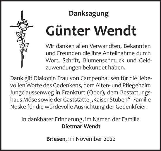 Traueranzeige von Günter Wendt von Märkische Oderzeitung