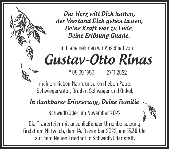 Traueranzeige von Gustav-Otto Rinas von Märkische Oderzeitung