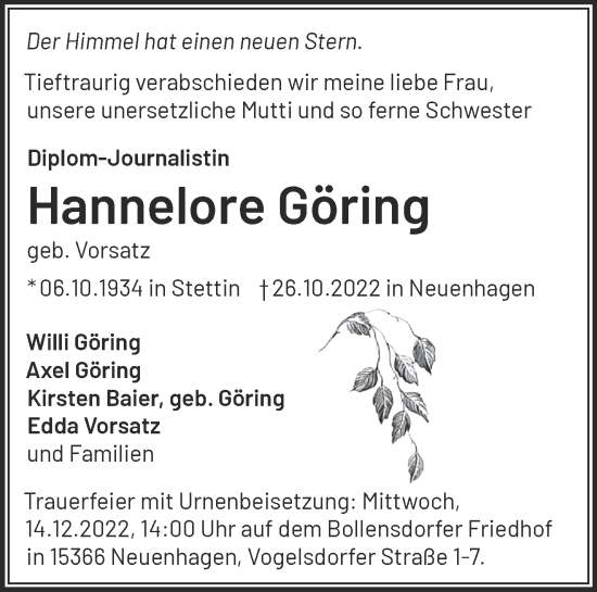 Traueranzeige von Hannelore Göring von Märkische Oderzeitung