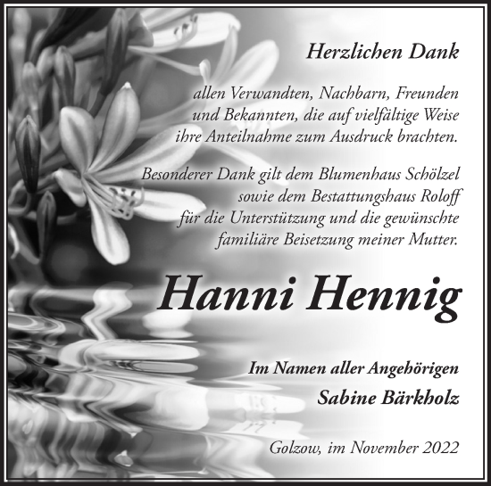 Traueranzeige von Hanni Hennig von Märkische Oderzeitung