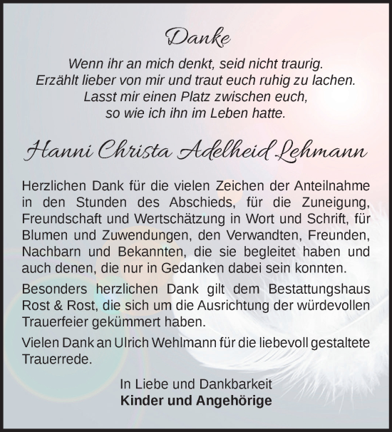 Traueranzeige von Hanni Christa Adelheid Lehmann von Märkische Oderzeitung