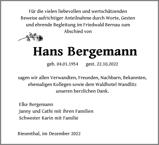 Traueranzeige von Hans Bergemann von Märkische Oderzeitung