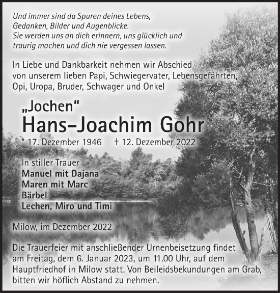 Traueranzeige von Hans-Joachim Gohr von Märkische Oderzeitung