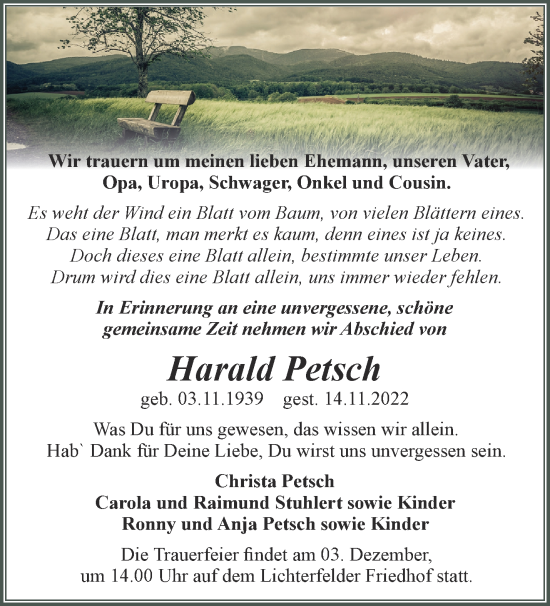 Traueranzeige von Harald Petsch von Märkische Oderzeitung