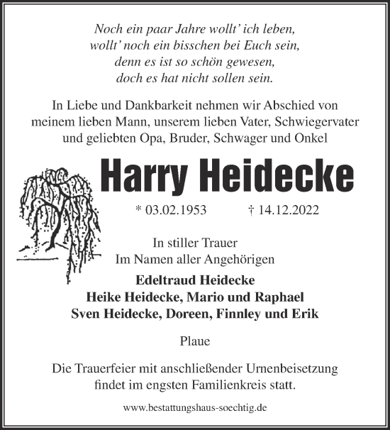 Traueranzeige von Harry Heidecke von Märkische Oderzeitung