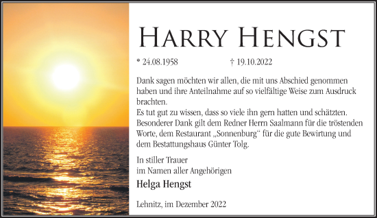 Traueranzeige von Harry Hengst von Märkische Oderzeitung