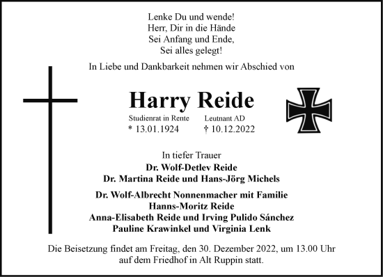 Traueranzeige von Harry Reide von Märkische Oderzeitung