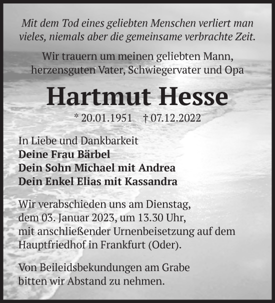 Traueranzeige von Hartmut Hesse von Märkische Oderzeitung