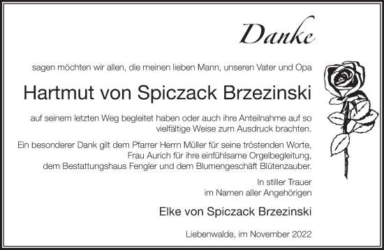 Traueranzeige von Hartmut von Spiczack Brzezinski von Märkische Oderzeitung