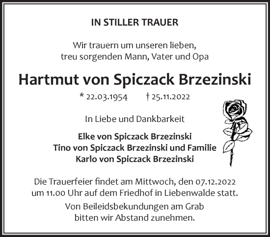 Traueranzeige von Hartmut von Spiczack Brzezinski von Märkische Oderzeitung